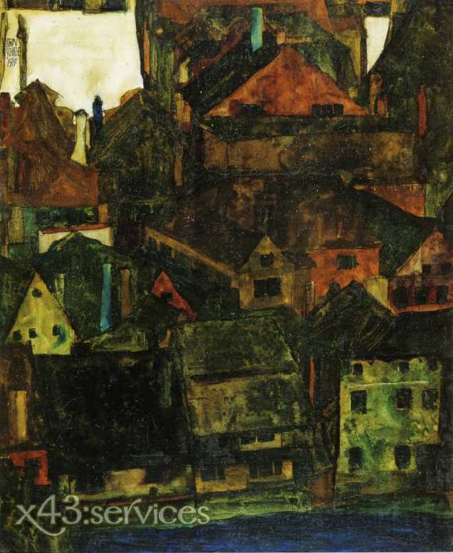 Egon Schiele - Ansicht der Haeuser und Daecher von Krumau vom Schlossberg gesehen - zum Schließen ins Bild klicken